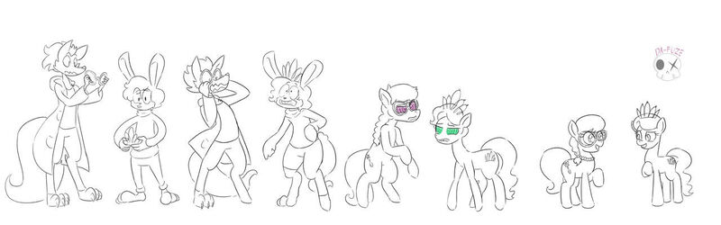 Size: 1280x400 | Tagged: questionable, artist:da-fuze, derpibooru import, diamond tiara, silver spoon, oc, earth pony, fox, pony, rabbit, animal, character to character, duo, furry, furry oc, furry to pony, glasses, image, jewelry, jpeg, male to female, monochrome, rule 63, simple background, tiara, transformation, transformation sequence, transgender transformation, white background, youtuber