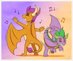 Size: 1422x1181 | Tagged: safe, artist:inuhoshi-to-darkpen, derpibooru import, smolder, spike, dragon, pony, closed mouth, dancing, dragon wings, dragoness, eyes closed, female, gradient background, image, male, motion lines, music, music notes, open mouth, png, spread wings, tail, tongue out, wings