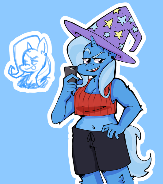 Size: 2987x3369 | Tagged: safe, artist:binturita, derpibooru import, trixie, anthro, clothes, ear piercing, earring, hat, image, jewelry, phone, piercing, png, short shirt, shorts, trixie's hat