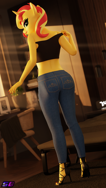 Size: 2160x3840 | Tagged: suggestive, artist:shadowboltsfm, derpibooru import, sunset shimmer, anthro, plantigrade anthro, unicorn, 3d, bedroom, blender, bra, clothes, crepuscular rays, crop top bra, denim, eyeshadow, feet, female, high heels, high res, image, jeans, lipstick, looking at you, looking back, looking back at you, makeup, nail polish, no tail, not sfm, pants, png, sexy, shoes, solo, underwear, undressing