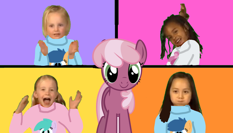 Size: 1652x946 | Tagged: safe, artist:hasbropreschool1983, derpibooru import, edit, cheerilee, first base, ruby pinch, earth pony, human, pony, aura (g4), charlotte borgquist, eleanor metoyer, female, funny faces, g4, image, implied aura (g4), implied first base, implied ruby pinch, mare, matilda mei lin, orange background, pink background, png, purple background, simple background, violet rossiter, yellow background