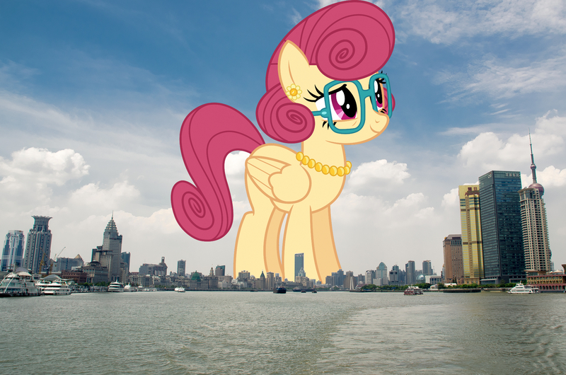 Size: 2048x1357 | Tagged: safe, artist:baumkuchenpony, derpibooru import, edit, editor:jaredking779, posey shy, pegasus, pony, china, female, folded wings, giant pegasus, giant pony, giantess, glasses, highrise ponies, image, irl, jewelry, jpeg, macro, mare, mega giant, necklace, pearl necklace, photo, ponies in real life, shanghai, smiling, solo, wings