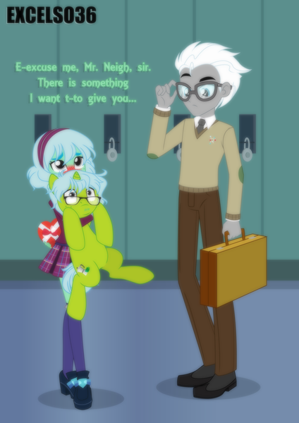 Size: 661x935 | Tagged: safe, artist:excelso36, derpibooru import, covalent bond, oc, oc:alexa, oc:excelso, human, pony, unicorn, equestria girls, age difference, bill nye, blushing, canon x oc, clothes, confused, crush, crystal prep academy uniform, glasses, holiday, humanized, image, nervous, png, school uniform, shipping, valentine's day