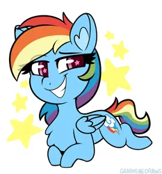 Size: 2478x2664 | Tagged: safe, artist:graphene, derpibooru import, rainbow dash, pegasus, pony, chibi, cute, grin, image, lying down, png, prone, simple background, smiling, smug, solo, starry eyes, stars, white background, wingding eyes