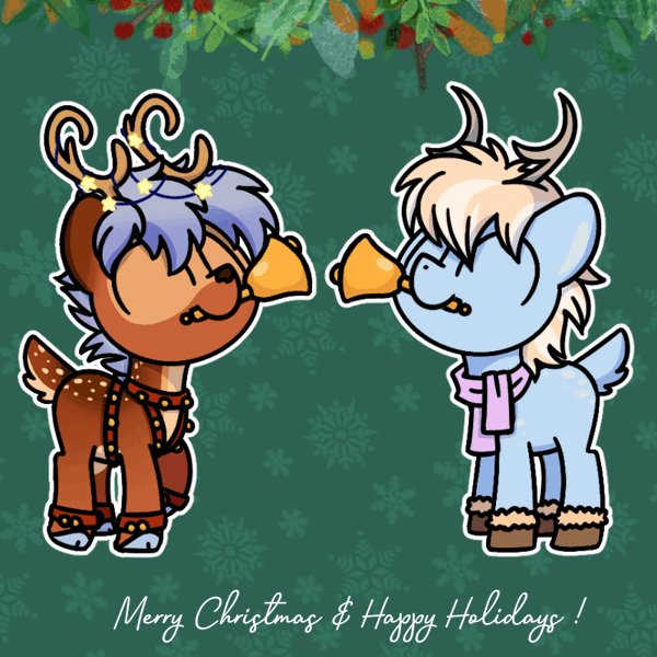 Size: 800x800 | Tagged: safe, artist:sugar morning, derpibooru import, oc, oc:balcony blitz, oc:wicker wind, unofficial characters only, deer, animated, bells, clothes, cloven, gif, harness, image, jingle bells, tack