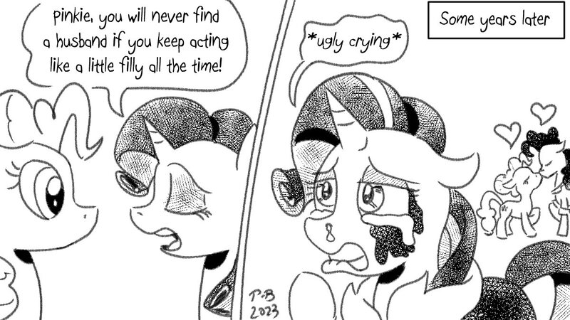 Size: 1200x675 | Tagged: safe, artist:pony-berserker, derpibooru import, cheese sandwich, pinkie pie, rarity, earth pony, pony, unicorn, cheesepie, comic, crosshatch, crying, descriptive noise, eyes closed, female, image, jpeg, lip bite, makeup, male, mascara, older, older cheese sandwich, older pinkie pie, older rarity, open mouth, pony-berserker's twitter sketches, pony-berserker's twitter sketches (2023), running makeup, shipping, snot, speech bubble, straight