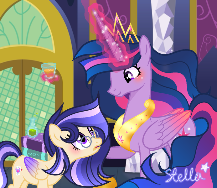 Size: 1374x1190 | Tagged: safe, artist:stellamoonshine, derpibooru import, princess twilight 2.0, twilight sparkle, twilight sparkle (alicorn), oc, oc:twinkle galaxy, alicorn, pegasus, pony, the last problem, female, glasses, image, magic, mare, offspring, older, older twilight, parent:flash sentry, parent:twilight sparkle, parents:flashlight, png