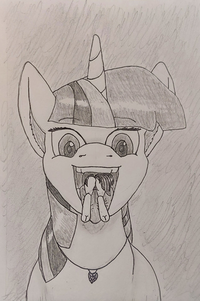 Size: 1404x2116 | Tagged: safe, artist:shirotanuki, derpibooru import, rainbow dash, twilight sparkle, pony, butt, female, horn, image, jpeg, micro, monochrome, open mouth, plot, preydash, tongue out, traditional art, twipred, vore