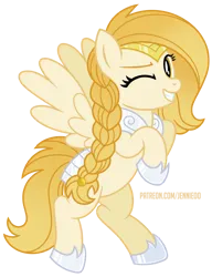 Size: 690x900 | Tagged: safe, derpibooru import, oc, oc:battlehelm, pegasus, pony, armor, armored pony, braid, gift art, happy, image, looking at you, one eye closed, patreon, patreon reward, png, simple background, smiling, smiling at you, solo, transparent background, vector, wink, winking at you