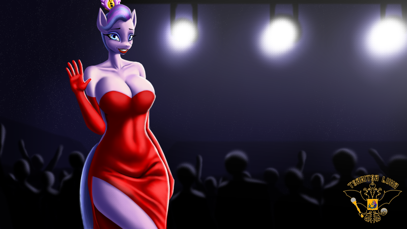 Size: 7680x4320 | Tagged: suggestive, artist:tsaritsaluna, derpibooru import, queen haven, anthro, pegasus, clothes, crowd, crown, dress, female, g5, image, jewelry, looking at you, png, regalia, smiling, solo, solo female, stage light, waving