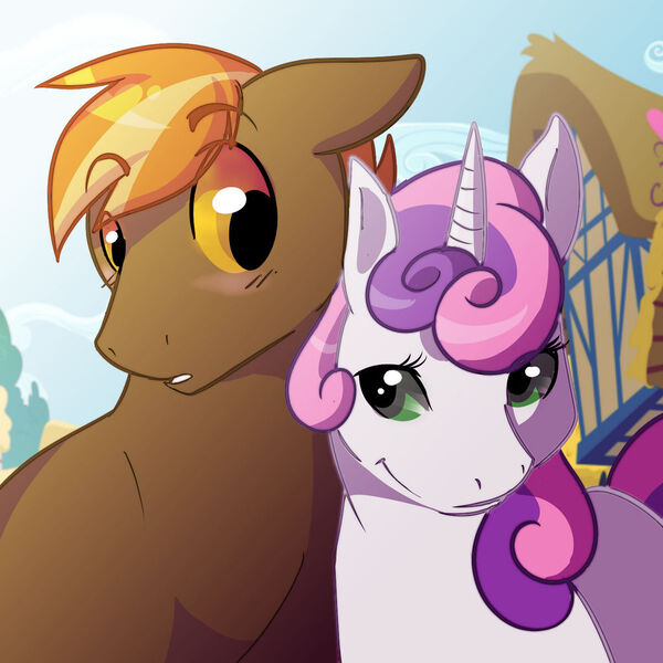 Size: 1024x1024 | Tagged: safe, artist:ariesalpinesavi, derpibooru import, button mash, sweetie belle, earth pony, pony, unicorn, strangers, female, image, jpeg, looking at someone, looking at you, male, mare, older, older button mash, older sweetie belle, shipping, snuggling, stallion, straight, sweetiemash, youtube link