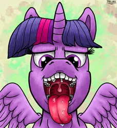 Size: 1280x1404 | Tagged: suggestive, derpibooru import, twilight sparkle, twilight sparkle (alicorn), alicorn, pony, drool, female, image, imminent vore, jpeg, looking at you, maw, mawshot, open mouth, oral invitation, simple background, solo, solo female, tongue out, twipred, uvula, vore