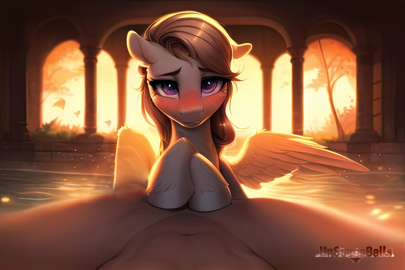 Size: 1920x1280 | Tagged: questionable, derpibooru import, machine learning generated, novelai, stable diffusion, oc, human, pony, blushing, brown mane, covering, covering crotch, cute, female, image, interspecies, jpeg, lesbian, looking at you, pony on human action, shy, smiling, smiling at you, teasing, wings