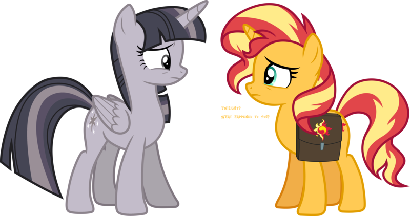 Size: 5693x3000 | Tagged: safe, artist:cloudyglow, artist:wardex101, derpibooru import, edit, sunset shimmer, twilight sparkle, twilight sparkle (alicorn), alicorn, unicorn, equestria girls, equestria girls series, forgotten friendship, bag, discorded, discorded twilight, duo, duo female, female, image, looking at each other, looking at someone, png, saddle bag, simple background, text, transparent background, twilight tragedy, vector