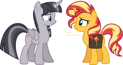 Size: 5693x3000 | Tagged: safe, artist:cloudyglow, artist:wardex101, derpibooru import, edit, sunset shimmer, twilight sparkle, twilight sparkle (alicorn), alicorn, unicorn, equestria girls, equestria girls series, forgotten friendship, bag, discorded, discorded twilight, duo, duo female, female, image, looking at each other, looking at someone, png, saddle bag, simple background, text, transparent background, twilight tragedy, vector