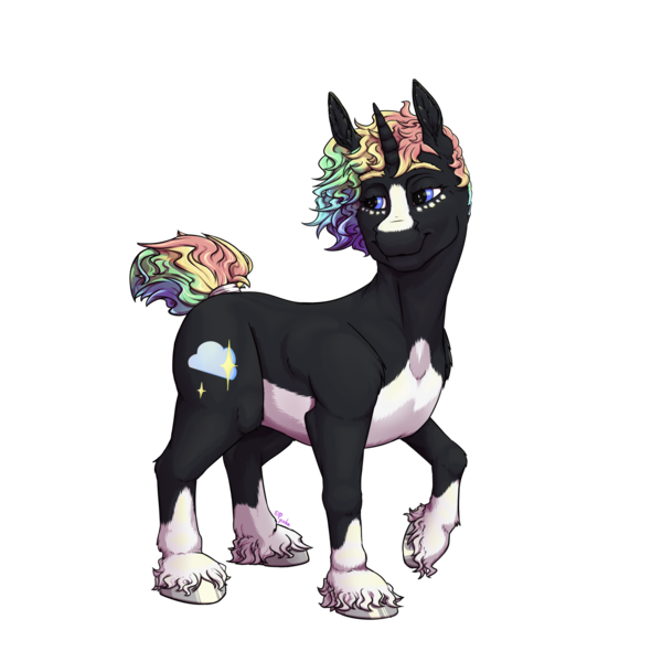 Size: 2500x2500 | Tagged: safe, artist:pyszka, derpibooru import, oc, oc:floriat, unofficial characters only, pony, unicorn, anatomically correct, black and white, female, grayscale, happy, image, monochrome, nudity, pastel, png, rainbow, raised hoof, ribbon, short hair, short tail, simple background, simple shading, solo, solo female, standing, tail, transparent background, vulva