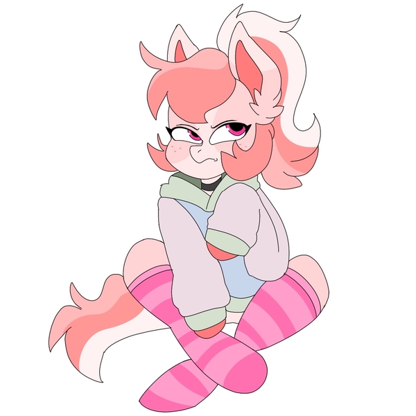 Size: 1280x1280 | Tagged: safe, artist:b1ng0, derpibooru import, oc, oc:princess, earth pony, pony, annoyed, choker, clothes, freckles, hoodie, image, jpeg, socks, solo