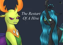 Size: 2039x1446 | Tagged: safe, artist:natt333, author:shakespearicles, derpibooru import, queen chrysalis, thorax, changedling, changeling, changeling queen, fanfic, fanfic:the restart of a hive, angry, antlers, changeling king, chrysarax, cover art, crown, disgusted, eyebrows, eyelashes, eyes open, family, fanfic art, fangs, female, fimfiction, frown, furious, gritted teeth, horn, image, implied inbreeding, implied incest, implied sex, implied shipping, inbreeding, incest, jewelry, king, king and queen, king thorax, logo, looking, looking at each other, looking at someone, male, mother and child, mother and son, nostrils, png, queen, regalia, royalty, shakespearicles, shipping, signature, simple background, straight, teeth, text, the restart of a hive, wall of tags, wings, xk-class end-of-the-world scenario