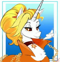 Size: 3000x3100 | Tagged: safe, artist:thelunarmoon, derpibooru import, oc, oc:dyx, unofficial characters only, alicorn, pony, black sclera, chest fluff, choker, cigarette, colored, female, high res, image, jpeg, lidded eyes, mare, mouth hold, older, older dyx, sharp teeth, smoking, solo, teeth