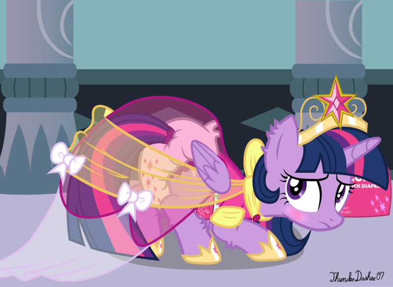 Size: 1680x1230 | Tagged: suggestive, alternate version, artist:thunderdasher07, derpibooru import, twilight sparkle, twilight sparkle (alicorn), alicorn, pony, alternate hairstyle, big crown thingy, blushing, canterlot castle, clothes, coronation dress, cutie mark, cutie mark on clothes, diaper, diaper butt, diaper fetish, diaper package, diaper under clothes, dress, element of magic, female, fetish, hallway, image, jewelry, magical mystery cure 10th anniversary, png, poofy diaper, regalia, see-through, solo