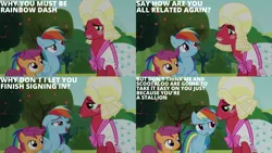 Size: 2000x1125 | Tagged: safe, derpibooru import, edit, edited screencap, editor:quoterific, screencap, big macintosh, rainbow dash, scootaloo, earth pony, pegasus, pony, brotherhooves social, apple, apple tree, blushing, clothes, crossdressing, disguise, dress, female, filly, foal, food, frown, grin, image, lipstick, makeup, male, mare, open mouth, open smile, orchard blossom, png, smiling, stallion, tongue out, tree, trio, wig