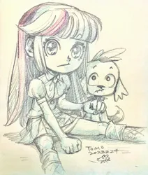 Size: 1740x2048 | Tagged: safe, artist:babtyu, derpibooru import, spike, twilight sparkle, dog, human, equestria girls, duo, image, jpeg, looking at you, partial color, sitting, spike the dog, starry eyes, traditional art, wingding eyes