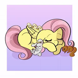 Size: 1080x1080 | Tagged: safe, artist:flutterpawss, derpibooru import, angel bunny, fluttershy, pegasus, pony, squirrel, blushing, chicks, eyes closed, female, folded wings, image, jpeg, lying down, mare, missing cutie mark, passepartout, prone, sleeping, solo, wings
