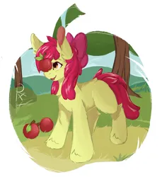 Size: 1172x1279 | Tagged: safe, artist:rain_537, derpibooru import, apple bloom, earth pony, pony, adorabloom, apple, apple bloom's bow, balancing, blank flank, bow, cute, female, filly, foal, food, hair bow, happy, image, jpeg, open mouth, open smile, smiling, solo