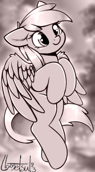 Size: 518x931 | Tagged: safe, artist:llametsul, derpibooru import, derpy hooves, pegasus, pony, cute, female, image, mare, monochrome, png, signature, smiling, solo