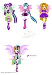 Size: 1144x1630 | Tagged: safe, artist:prettycelestia, derpibooru import, adagio dazzle, aria blaze, sonata dusk, siren, boots, clothes, fusion, gem, high heel boots, image, multicolored hair, multiple arms, png, ponied up, shoes, siren gem, sirenified, species swap, the dazzlings