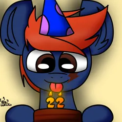 Size: 1024x1024 | Tagged: safe, artist:nhale, derpibooru import, oc, oc:fizakn catto, unofficial characters only, monster pony, original species, tatzlpony, 22, :p, birthday, blue pony, cake, cute, food, hair, hat, image, orange, party hat, png, simple background, solo, tongue out