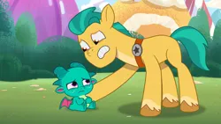 Size: 3072x1727 | Tagged: safe, derpibooru import, screencap, hitch trailblazer, sparky sparkeroni, dragon, earth pony, pony, my little pony: tell your tale, spoiler:g5, spoiler:my little pony: tell your tale, spoiler:tyts01e46, baby, baby dragon, duo, duo male, frown, g5, image, jpeg, male, sparky's sick, stallion