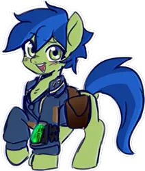 Size: 999x1176 | Tagged: safe, artist:glompxd, derpibooru import, oc, oc:scotch tape, earth pony, pony, fallout equestria, fallout equestria: project horizons, bag, doodle, fanart, fanfic art, image, pipbuck, png, simple background, solo, stable-tec, transparent background