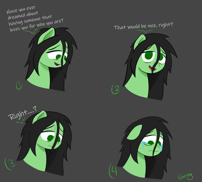 Size: 5280x4753 | Tagged: safe, artist:realgero, derpibooru import, oc, oc:anon-mare, earth pony, pony, crying, dialogue, image, png, simple background, solo, talking to viewer