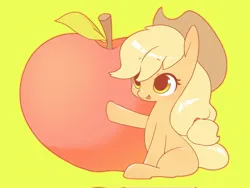 Size: 2048x1536 | Tagged: safe, artist:cheesesauce_45, derpibooru import, applejack, earth pony, pony, apple, cute, food, giant apple, giant food, image, jackabetes, jpeg, missing cutie mark, simple background, solo, yellow background