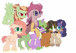 Size: 1736x1210 | Tagged: safe, artist:m0xcl0wn, derpibooru import, oc, oc:butter cake, oc:dragnok, oc:fireworks, oc:melted apple, oc:messy party, oc:rough diamond, unofficial characters only, draconequus, dracony, earth pony, hybrid, pegasus, pony, unicorn, colored pupils, draconequus oc, earth pony oc, female, freckles, heterochromia, horn, image, interspecies offspring, jpeg, magical lesbian spawn, mare, offspring, parent:applejack, parent:big macintosh, parent:capper, parent:capper dapperpaws, parent:discord, parent:fluttershy, parent:pinkie pie, parent:rainbow dash, parent:rarity, parent:spike, parent:spitfire, parent:trouble shoes, parent:troubleshoes clyde, parent:twilight sparkle, parents:capperity, parents:discopie, parents:fluttermac, parents:spitdash, parents:troublejack, parents:twispike, pegasus oc, simple background, unicorn oc, unshorn fetlocks, white background, wings