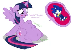 Size: 2388x1668 | Tagged: suggestive, artist:lachlandingoofficial, derpibooru import, twilight sparkle, twilight sparkle (alicorn), oc, alicorn, pony, belly, big belly, comic, endosoma, image, non-fatal vore, png, show accurate, simple background, stomach noise, text, twipred, vore, white background