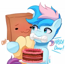 Size: 1749x1731 | Tagged: safe, artist:maren, derpibooru import, oc, oc:blue chewings, oc:paper bag, pegasus, pony, birthday, cake, food, image, jpeg, mouth hold, simple background, white background