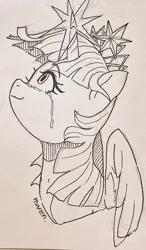 Size: 597x1024 | Tagged: safe, artist:maren, derpibooru import, twilight sparkle, twilight sparkle (alicorn), alicorn, pony, crown, crying, glow, glowing horn, horn, image, jewelry, jpeg, looking at you, open mouth, regalia, solo, tears of joy, traditional art