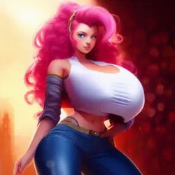 Size: 512x512 | Tagged: suggestive, derpibooru import, machine learning generated, stable diffusion, pinkie pie, human, barbie doll anatomy, big breasts, breasts, busty pinkie pie, clothes, denim, huge breasts, humanized, image, jeans, pants, png, short shirt, wide hips