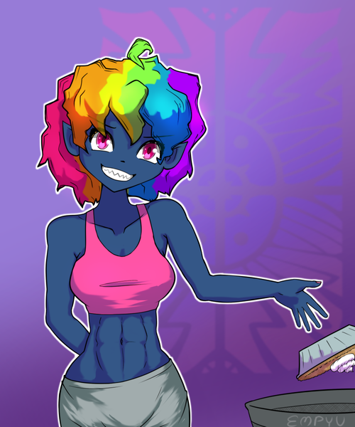 Size: 1000x1200 | Tagged: safe, artist:empyu, derpibooru import, rainbow dash, equestria girls, secrets and pies, abs, belly button, evil pie hater dash, food, image, pie, png, trash