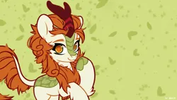 Size: 1920x1080 | Tagged: safe, artist:shelti, derpibooru import, edit, autumn blaze, kirin, abstract background, cloven hooves, colored pupils, female, green background, high res, image, jpeg, looking at you, pointing at self, signature, simple background, solo, wallpaper, wallpaper edit