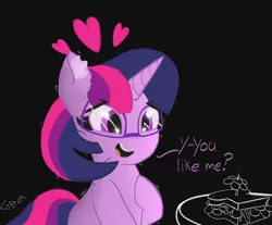 Size: 5800x4800 | Tagged: safe, artist:gean, derpibooru import, twilight sparkle, pony, unicorn, black background, daffodil and daisy sandwich, date, ear fluff, emanata, food, glasses, heart, heart eyes, image, nervous, png, sandwich, shy, simple background, solo, text, watermark, wingding eyes