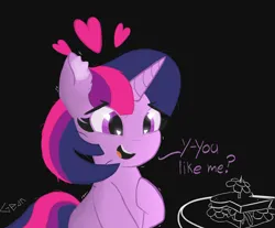 Size: 5800x4800 | Tagged: safe, alternate version, artist:gean, derpibooru import, twilight sparkle, pony, unicorn, absurd resolution, black background, daffodil and daisy sandwich, ear fluff, emanata, female, food, heart, heart eyes, image, mare, nervous, png, sandwich, shy, simple background, solo, text, unicorn twilight, watermark, wingding eyes