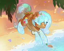 Size: 4096x3277 | Tagged: safe, artist:softpinkpony, derpibooru import, oc, unofficial characters only, earth pony, pony, turtle, beach, conch, cyan eyes, cyan mane, earth pony oc, female, glass pony, image, jpeg, leaves, ocean, sand, shade, shell, solo, sunshine, water, wave
