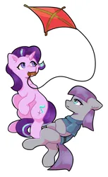 Size: 1716x2800 | Tagged: safe, artist:tater, derpibooru import, maud pie, starlight glimmer, earth pony, pony, unicorn, duo, duo female, female, high res, image, jpeg, kite, mare, simple background, that pony sure does love kites, white background