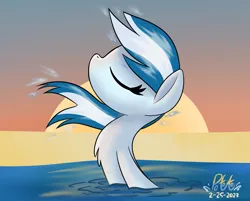 Size: 1613x1299 | Tagged: safe, artist:notadeliciouspotato, derpibooru import, oc, oc:serene dive, earth pony, pony, beach, eyes closed, female, image, mare, png, signature, solo, sun, water