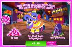 Size: 1960x1300 | Tagged: safe, derpibooru import, official, twilight sparkle, twilight sparkle (alicorn), alicorn, pony, advertisement, archway, bush, clothes, costs real money, costume, english, female, gameloft, gem, image, jpeg, lunar new year, mare, mobile game, my little pony: magic princess, numbers, sale, solo, solo focus, statue, text
