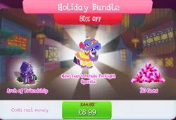 Size: 1257x860 | Tagged: safe, derpibooru import, official, twilight sparkle, twilight sparkle (alicorn), alicorn, pony, archway, bundle, bush, clothes, costs real money, costume, english, female, gameloft, gem, image, jpeg, lunar new year, mare, mobile game, my little pony: magic princess, numbers, sale, solo, solo focus, statue, text