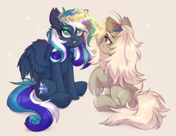 Size: 3218x2480 | Tagged: safe, artist:arisuyukita, derpibooru import, oc, oc:arisu yukita, oc:flaming dune, unofficial characters only, pegasus, pony, unicorn, blue eyes, blushing, chest fluff, curly mane, cute, duo, duo female, ear fluff, eyeshadow, feather, feather in hair, female, floral head wreath, flower, full body, green eyes, happy, horn, image, looking at someone, looking up, magic, magic aura, makeup, mare, multicolored mane, multicolored tail, oc x oc, open mouth, open smile, partially open wings, pegasus oc, pink mane, pink tail, png, raised hoof, shipping, simple background, sitting, smiling, tail, telekinesis, trade, unicorn oc, white background, wings
